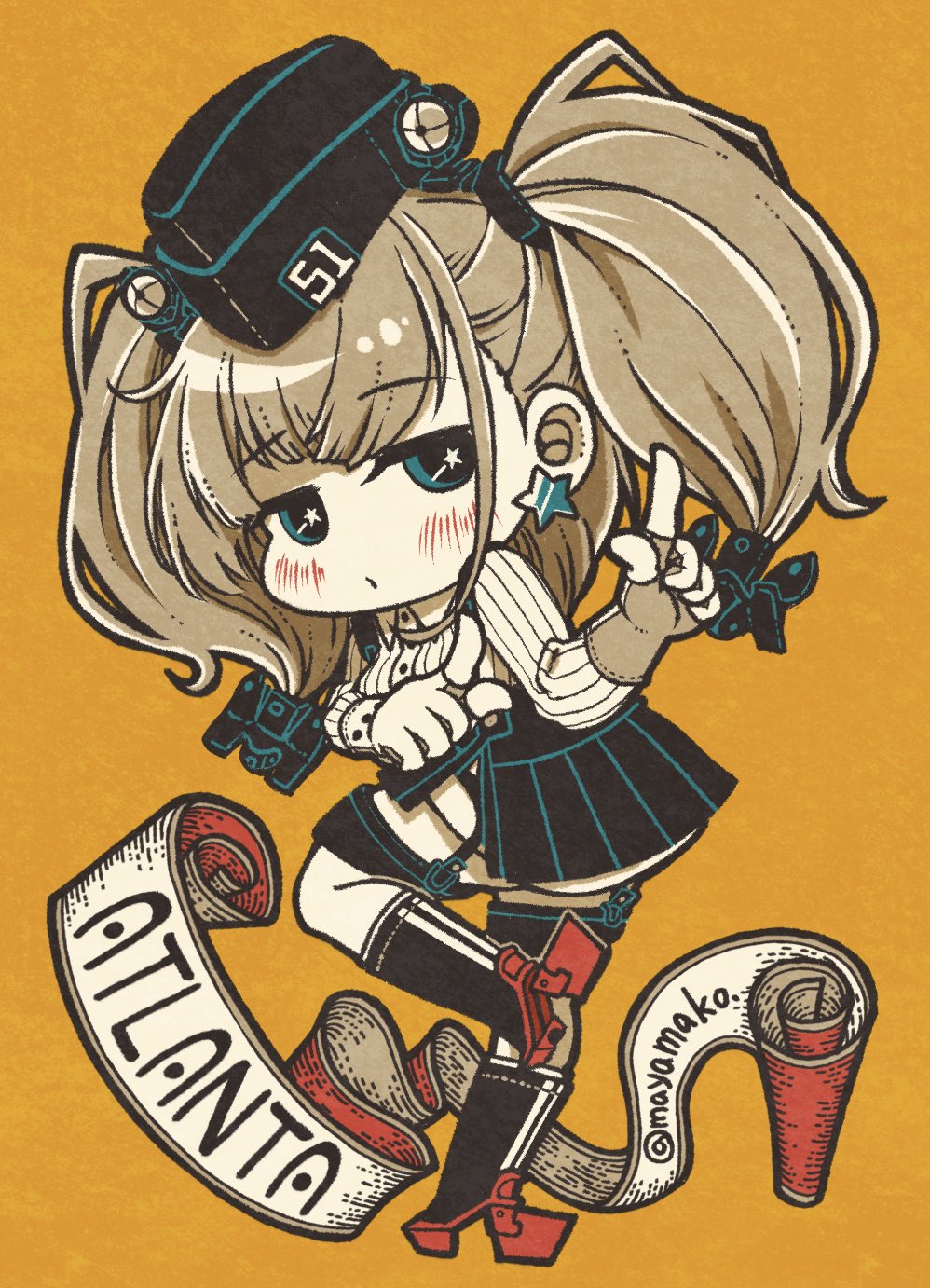 1girl anchor_hair_ornament atlanta_(kancolle) black_footwear black_hat black_skirt brown_hair character_name dress_shirt earrings full_body garrison_cap garter_straps gloves grey_eyes hair_ornament hat high-waist_skirt highres imatomo_mahya index_finger_raised jewelry kantai_collection long_hair long_sleeves looking_at_viewer orange_background partially_fingerless_gloves rudder_footwear shirt single_earring skirt solo star_(symbol) star_earrings thigh_strap twitter_username two_side_up white_shirt
