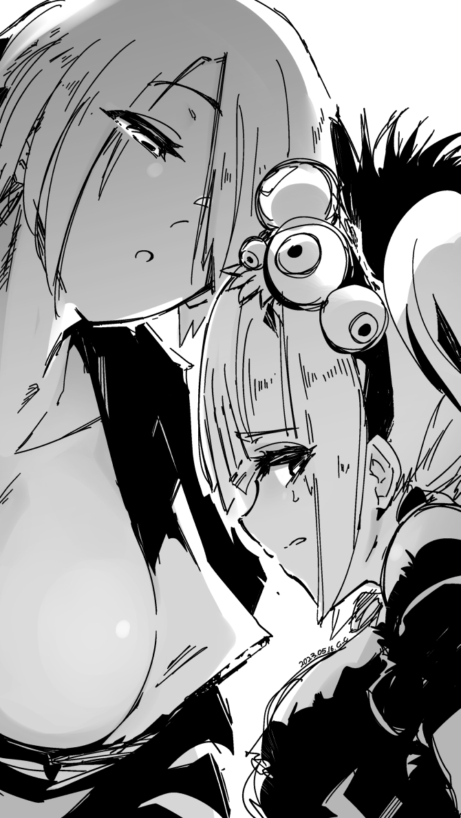 2girls angel_(kof) blonde_hair bobbles bra breasts cleavage crop_top cropped_jacket crown eyeball eyeball_hair_ornament hair_over_one_eye jacket large_breasts leather leather_jacket long_hair makokujira mini_crown monochrome multiple_girls short_hair snk strapless strapless_bra sylvie_paula_paula the_king_of_fighters the_king_of_fighters_xv underwear white_hair