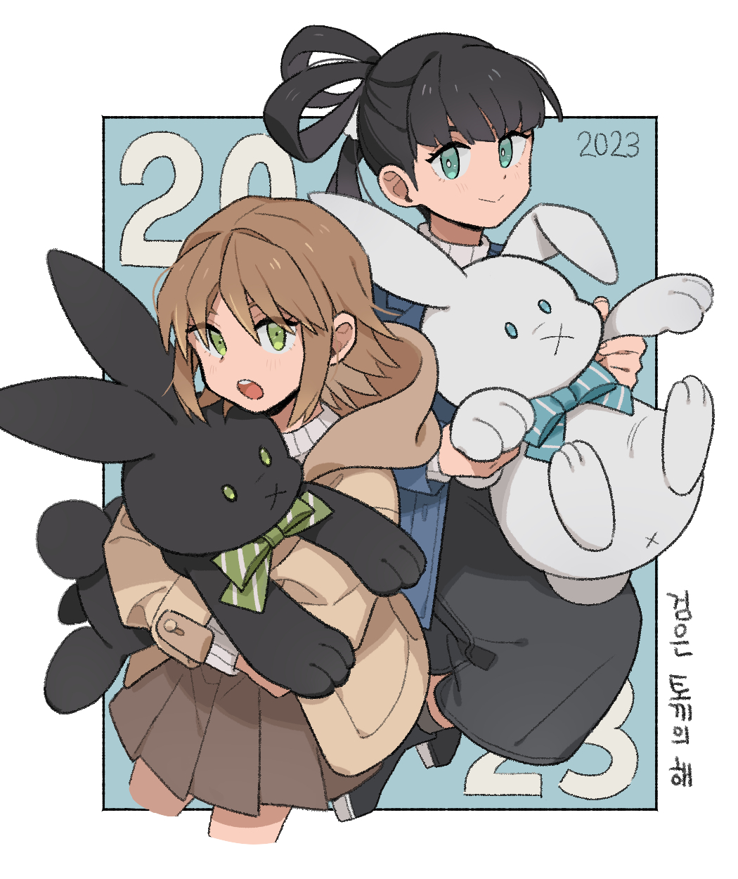 2023 2girls :o ankle_boots aqua_eyes black_footwear black_hair black_skirt blue_background blue_bow blue_bowtie boots bow bowtie brown_hair brown_jacket brown_skirt chinese_zodiac closed_mouth commentary cropped_legs green_bow green_bowtie green_eyes hair_rings highres holding holding_stuffed_toy hood hood_down hooded_jacket jacket jumping kagami_rin korean_commentary korean_text long_hair long_skirt looking_at_viewer miniskirt multiple_girls nana_0253 hugging_object open_mouth osano_rui outside_border pencil_skirt pleated_skirt short_hair skirt smile stuffed_animal stuffed_rabbit stuffed_toy sweater turtleneck turtleneck_sweater white_sweater world_trigger year_of_the_rabbit