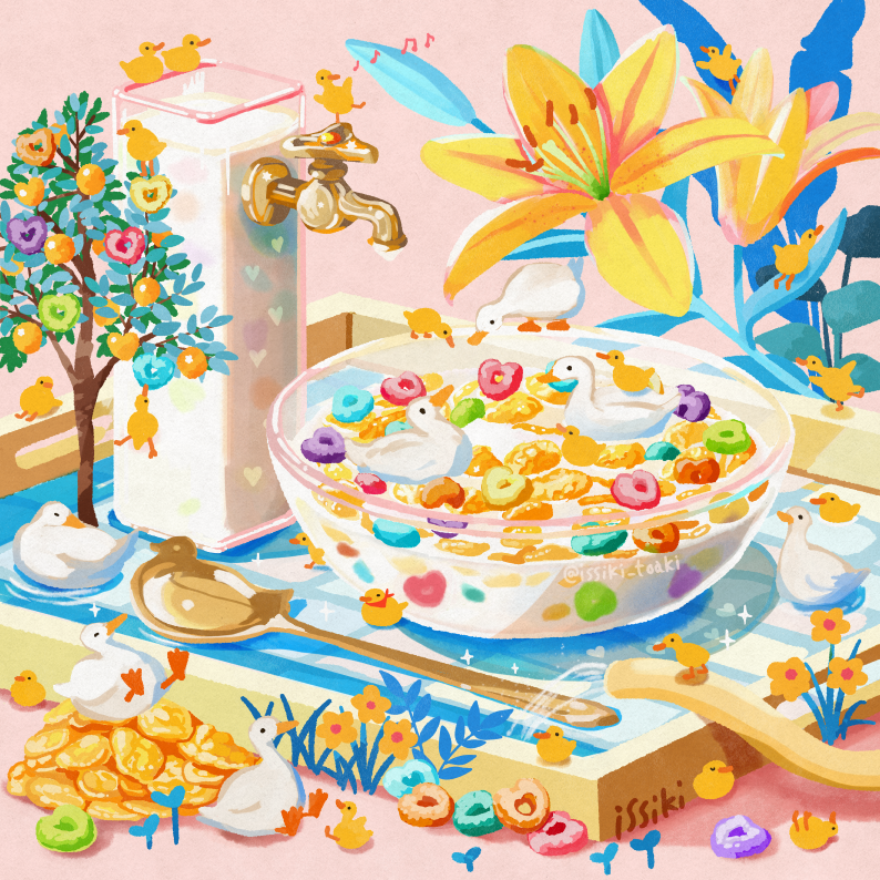 animal animal_focus artist_name baby_animal banana bird bowl chick cookie cream cup drinking_glass drinking_straw duck duckling eighth_note faucet flower food food_focus fruit glass heart honey issiki_toaki jar leaf milk milk_carton mixing_bowl musical_note no_humans orange_(fruit) orange_flower orange_slice original pink_background plant sparkle spoon sprinkles tree water watermark whisk yellow_flower
