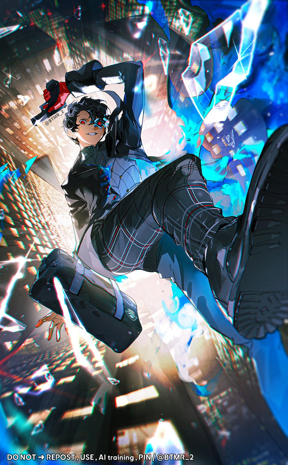 1boy amamiya_ren bag black_footwear black_hair black_jacket black_pants broken_glass btmr_game building city commentary english_commentary falling glass gloves grin gun hair_between_eyes half_mask handgun highres holding holding_gun holding_weapon jacket long_sleeves looking_at_viewer male_focus mask night open_clothes open_jacket outdoors pants persona persona_5 red_eyes red_gloves school_bag smile solo twitter_username weapon