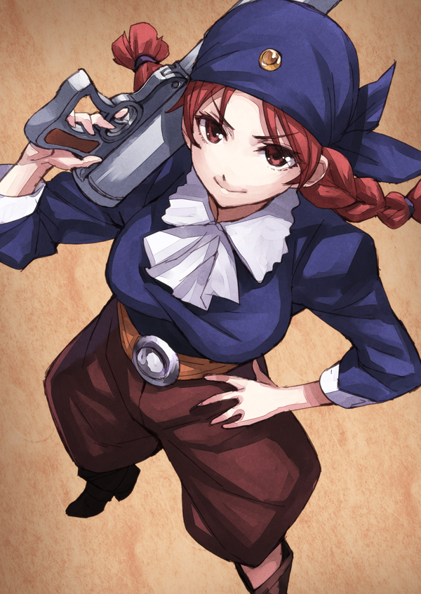 1girl aged_down bad_id bad_pixiv_id bandana belt brown_eyes brown_hair dola_(laputa) female_focus from_above gun matsuryuu solo studio_ghibli tenkuu_no_shiro_laputa twintails weapon