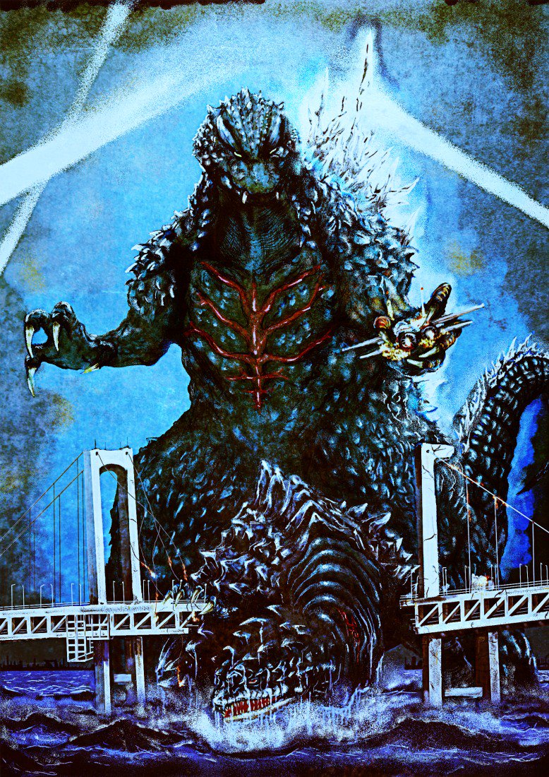 aircraft airplane all_fours bleeding bleeding_from_neck blood bridge claws destruction dinosaur ears fangs fighter_jet giant giant_monster godzilla godzilla:_tokyo_s.o.s. godzilla_(series) injury kaiju kamoebas military military_vehicle monster night no_humans ocean scar scar_on_chest sea_monster searchlight sharp_teeth spikes splashing tail teeth toho turtle turtle_shell water waves yamabuki_ryuu yellow_eyes