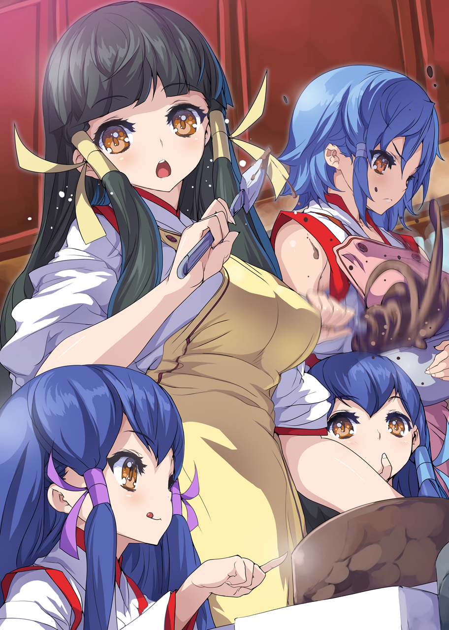 4girls :o akaga_hirotaka apron arcana_heart arcana_heart_3 baking blue_hair blue_ribbon blunt_bangs bowl breasts cake child chocolate closed_mouth finger_to_mouth food frown game_cg green_hair hair_between_eyes hair_ribbon highres holding holding_bowl holding_spatula indoors japanese_clothes kasuga_koito kasuga_kouta kasuga_maori kasuga_tsuzune large_breasts light_blush long_hair looking_at_another miko mixing_bowl multiple_girls non-web_source official_art open_mouth orange_eyes pink_apron pointing purple_ribbon ribbon short_hair siblings sisters spatula tongue tongue_out twins v-shaped_eyebrows very_long_hair yellow_apron yellow_ribbon