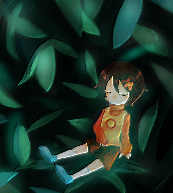 1girl bad_id bad_pixiv_id blush brown_hair chie_(lcddem) closed_eyes female_focus flower hair_ornament lcddem leaf long_hair presto002 shoes shorts sidelocks socks solo