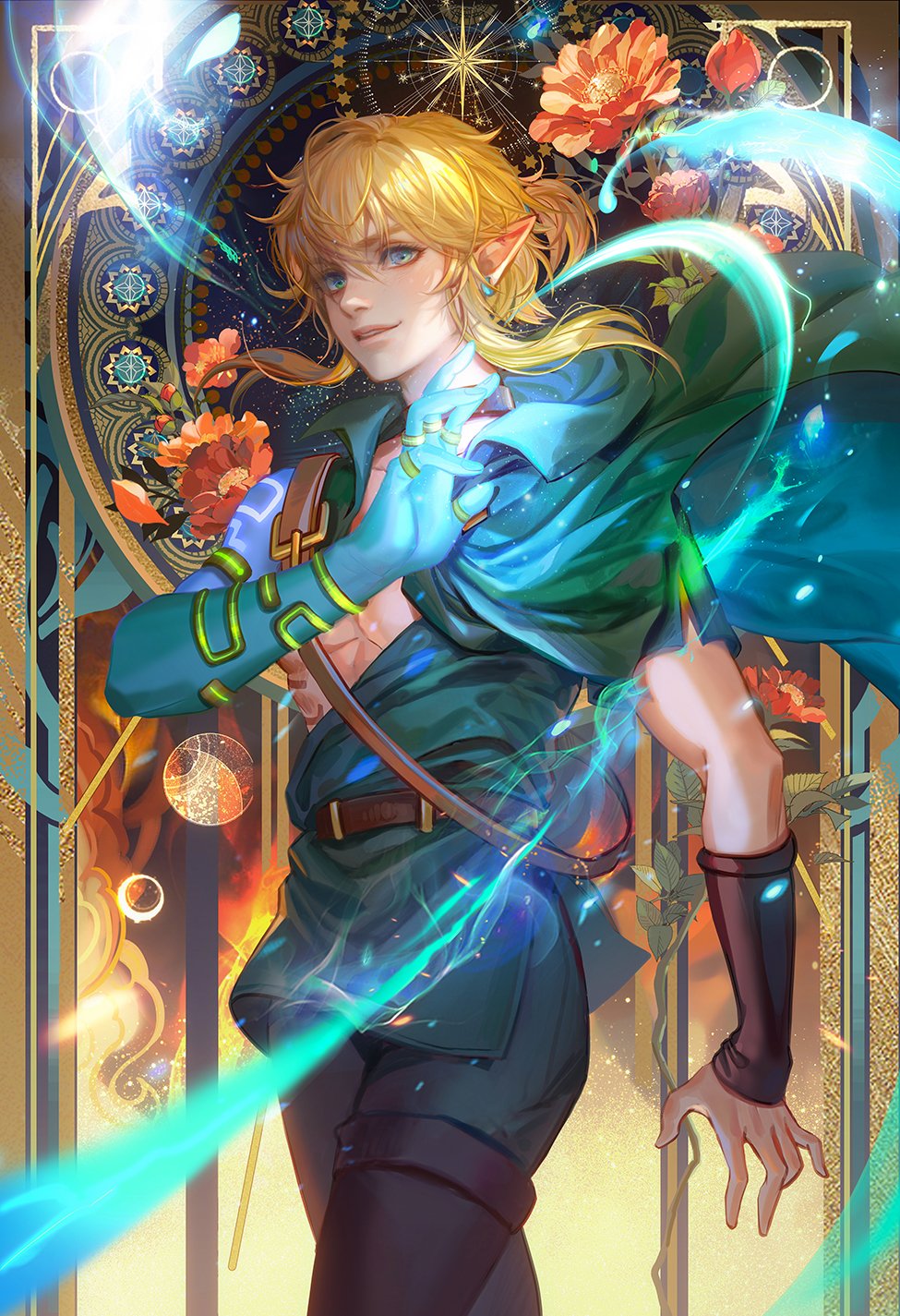 1boy archaic_set_(zelda) arm_tattoo black_pants blonde_hair blue_eyes blue_skin colored_skin cowboy_shot earrings fan_yang_(jiuge) flower flower_request green_tunic hair_between_eyes highres jewelry link male_focus multicolored_skin multiple_rings nintendo pants parted_lips pointy_ears ponytail red_flower ring sidelocks smile solo tattoo the_legend_of_zelda the_legend_of_zelda:_tears_of_the_kingdom tunic