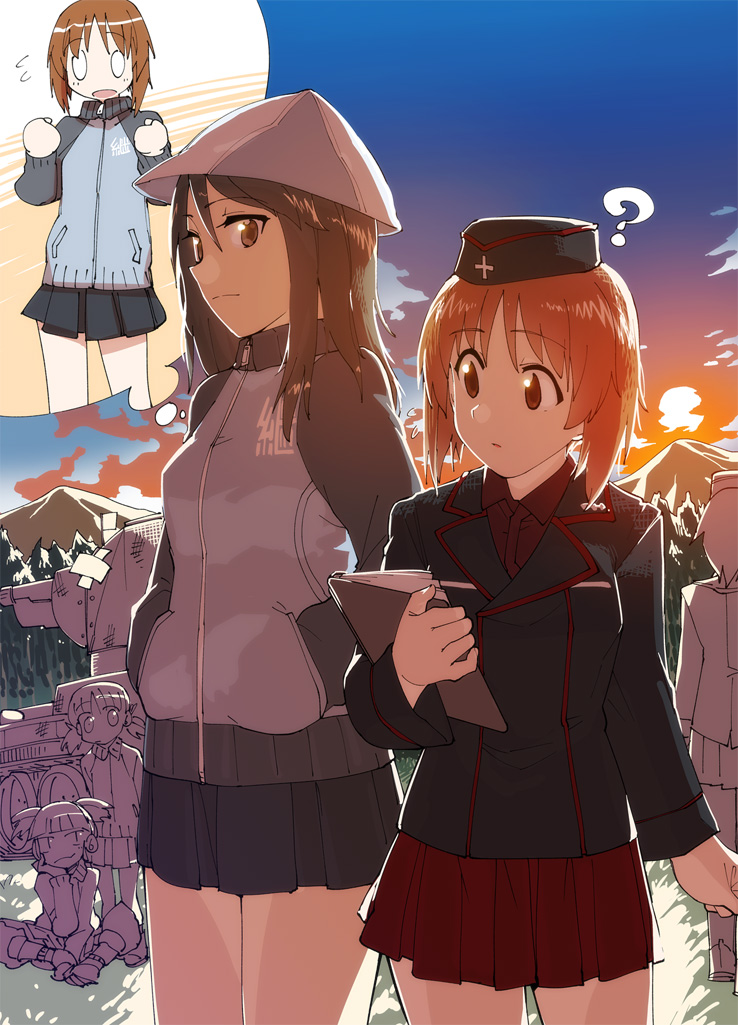 0_0 5girls ? aki_(girls_und_panzer) alternate_costume black_headwear black_jacket blue_headwear blue_jacket blue_skirt blunt_bangs brown_eyes brown_hair bt-42 clipboard closed_mouth commentary_request dress_shirt flying garrison_cap girls_und_panzer hands_in_pockets hat head_rest holding holding_clipboard imagining insignia jacket keizoku_military_uniform kuromorimine_military_uniform long_hair long_sleeves looking_at_another mika_(girls_und_panzer) mikko_(girls_und_panzer) military military_hat military_uniform military_vehicle miniskirt motor_vehicle mountain multiple_girls nishizumi_miho outdoors pleated_skirt raglan_sleeves red_shirt red_skirt shirt short_hair sitting skirt smile speech_bubble standing sunset tank thought_bubble track_jacket tsuru_(clainman) tulip_hat twintails wing_collar zipper