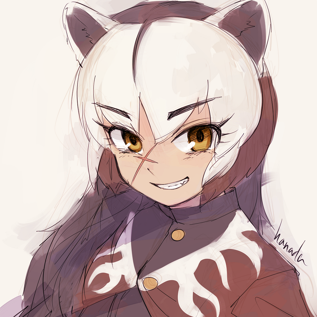 1girl animal_ears artist_name badger_ears black_hair brown_hair buttons fang grey_hair grin hanada_(cobalt003) kemono_friends long_hair looking_at_viewer multicolored_hair orange_eyes parted_bangs scar shirt sketch smile solo tan upper_body wolverine_(kemono_friends)