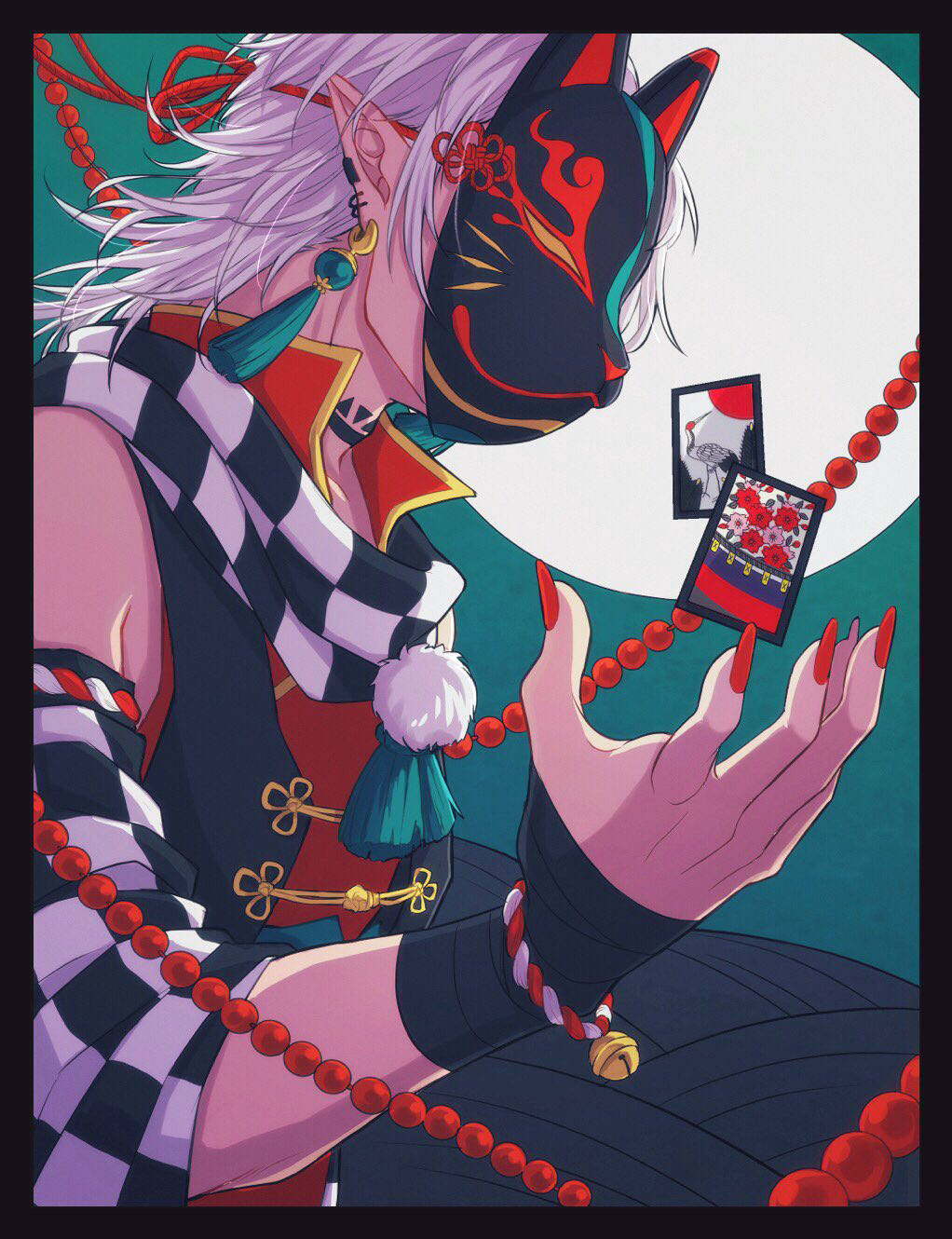 1boy bandaged_arm bandages beads black_border black_shirt border bracelet commentary_request earclip earrings fox_mask hanafuda highres jewelry male_focus mask moxamog neck_tattoo original pointy_ears red_nails shirt solo tassel tassel_earrings tattoo upper_body white_hair wrist_bell