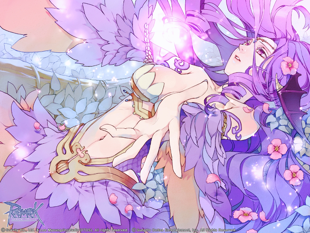 1girl breasts cleavage copyright_notice cowboy_shot demon_wings detached_sleeves drill_hair drill_sidelocks falling feather_skirt feather_sleeves flower guest_art hair_flower hair_ornament head_wings kyo_(kuroichigo) large_breasts logo long_hair looking_afar navel nidhoggr_(ragnarok_online) official_art official_wallpaper pink_flower purple_hair purple_skirt purple_sleeves purple_wings ragnarok_online sidelocks skirt solo wings