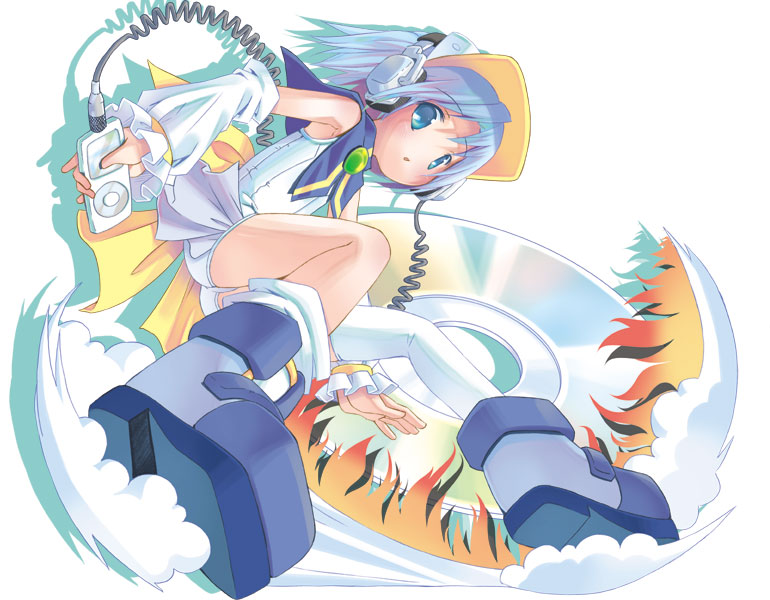 00s asymmetrical_clothes blue_eyes blue_hair detached_sleeves digital_media_player headphones ipod magical_girl moetan one-piece_swimsuit pastel_ink pop school_swimsuit single_thighhigh solo swimsuit thighhighs white_school_swimsuit white_one-piece_swimsuit