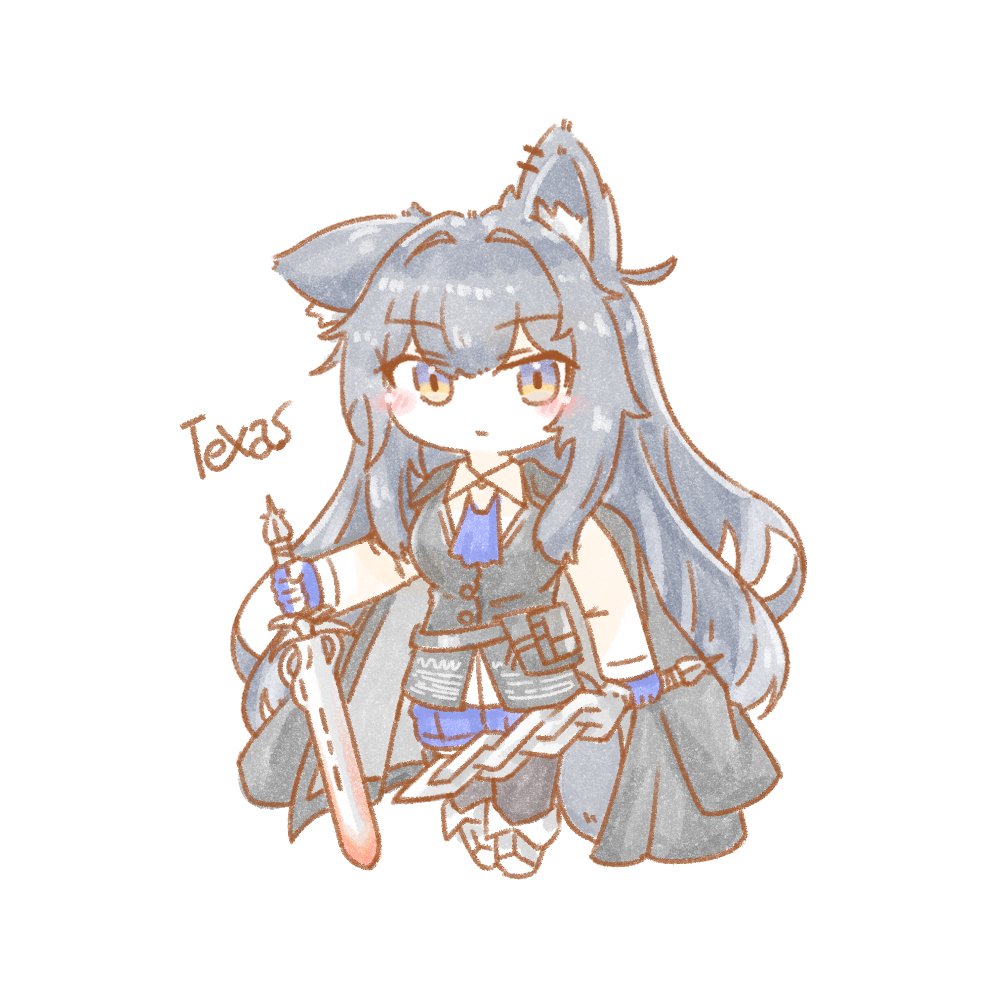 1girl animal_ear_fluff animal_ear_piercing animal_ears arknights ascot black_hair black_pantyhose blue_ascot blue_eyes blue_gloves character_name chibi chibi_only closed_mouth dual_wielding expressionless fingerless_gloves full_body gloves holding holding_sword holding_weapon long_hair long_sleeves looking_at_viewer multicolored_eyes no_nose pantyhose simple_background single_ear_down solo standing sword texas_(arknights) texas_the_omertosa_(arknights) two-tone_eyes very_long_hair weapon white_background wolf_ears wolf_girl yatagae_(yatuno_llc) yellow_eyes
