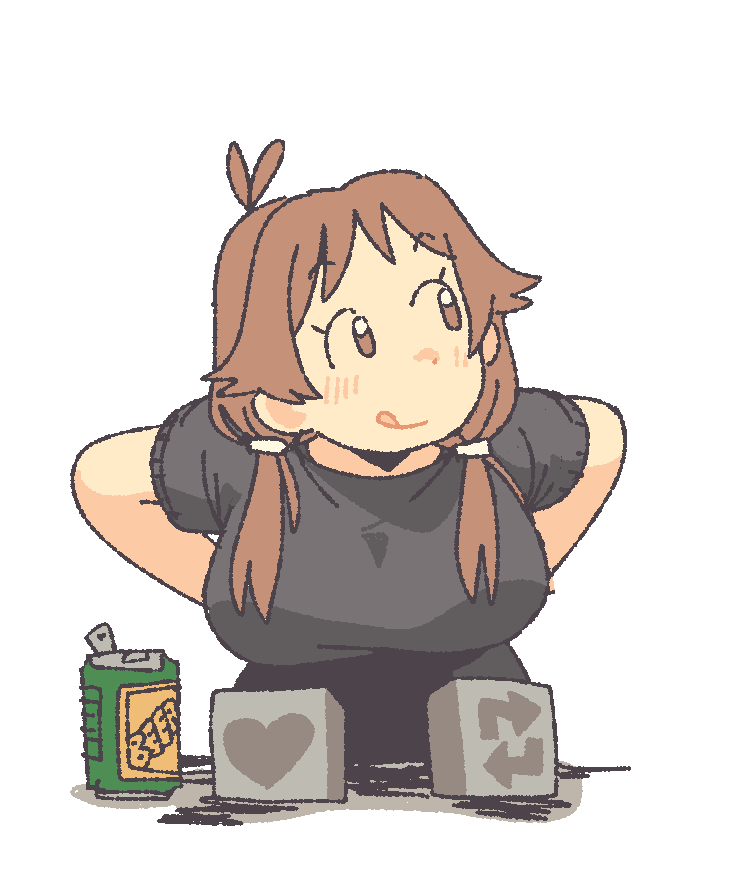 1girl arms_behind_back beer_can bent_over breasts brown_eyes brown_hair can commentary cube drink_can english_commentary farfinfarfin large_breasts like_and_retweet low_twintails no_sclera original shirt solo t-shirt tongue tongue_out twintails upper_body