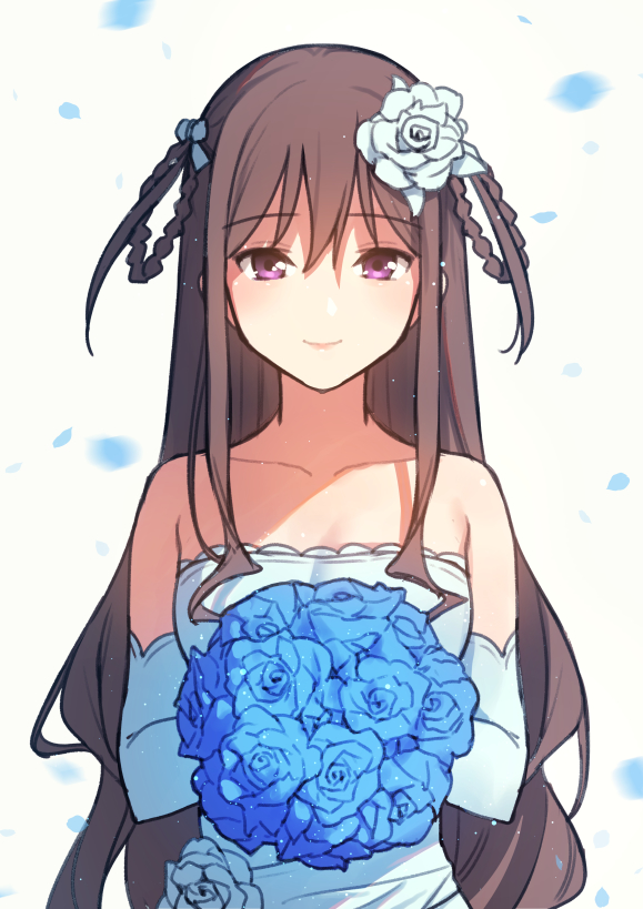 1girl 22/7 bare_shoulders blue_flower blue_petals blue_rose bouquet bow braid braided_hair_rings brown_hair closed_mouth collarbone dress elbow_gloves falling_petals flower gloves hair_bow hair_flower hair_ornament hair_rings holding holding_bouquet long_hair looking_at_viewer nagareboshi petals purple_eyes rose smile solo strapless strapless_dress tachikawa_ayaka twin_braids two_side_up upper_body wedding_dress white_background white_bow white_dress white_flower white_gloves white_rose