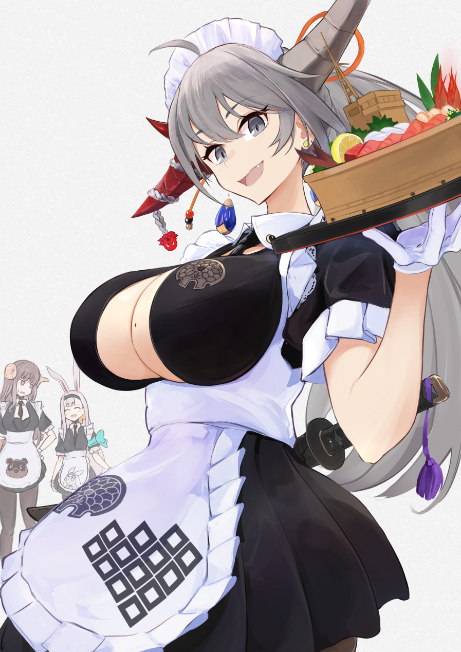 3girls :d alternate_costume asymmetrical_horns azur_lane breasts cleavage commentary_request cowboy_shot enmaided fish_(food) food hair_between_eyes hakuryuu_(azur_lane) hakuryuu_(slice_dice_and_serve)_(azur_lane) hand_on_own_hip highres holding holding_behind_back holding_sword holding_sword_behind_back holding_weapon holding_weapon_behind_back horns long_hair looking_at_viewer maid marshall_k mismatched_horns mole mole_on_breast multiple_girls official_alternate_costume open_mouth pantyhose sashimi shimakaze_(azur_lane) sidelocks simple_background smile solo_focus standing suruga_(azur_lane) sword tom_nook_(animal_crossing) very_long_hair weapon white_background