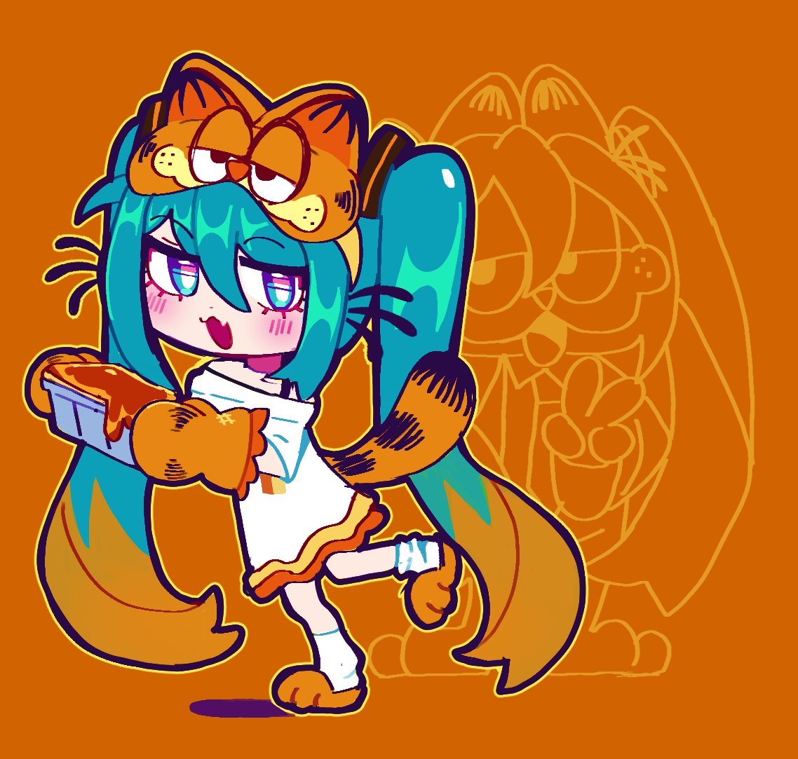 1girl blue_eyes blue_hair blush cat_tail character_hat cosplay fang garfield garfield_(character) garfield_(character)_(cosplay) hatsune_miku lasagne long_hair oven_mitts sidelocks skin_fang slippers solo tail twintails vocaloid yumeyuk0