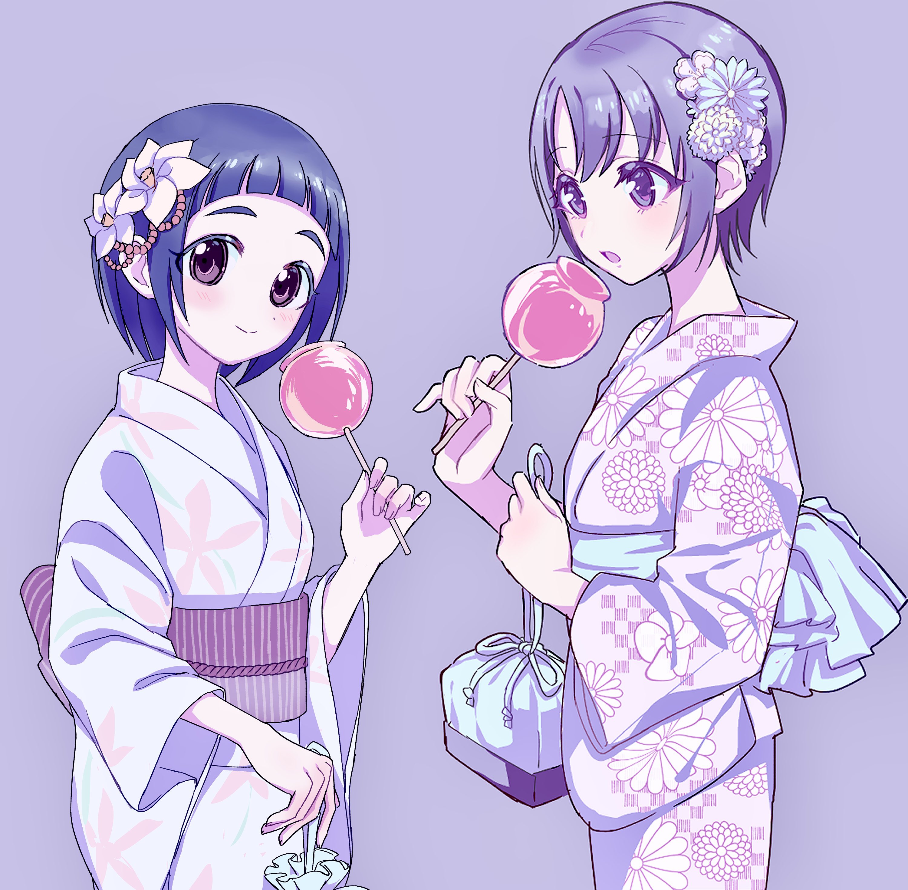 absurdres blunt_bangs blush candy candy_apple floral_print flower food hair_flower hair_ornament highres holding holding_candy holding_food idolmaster idolmaster_cinderella_girls japanese_clothes kanipoposu kimono looking_at_viewer obi okazaki_yasuha otokura_yuuki purple_background sash short_hair simple_background smile yukata