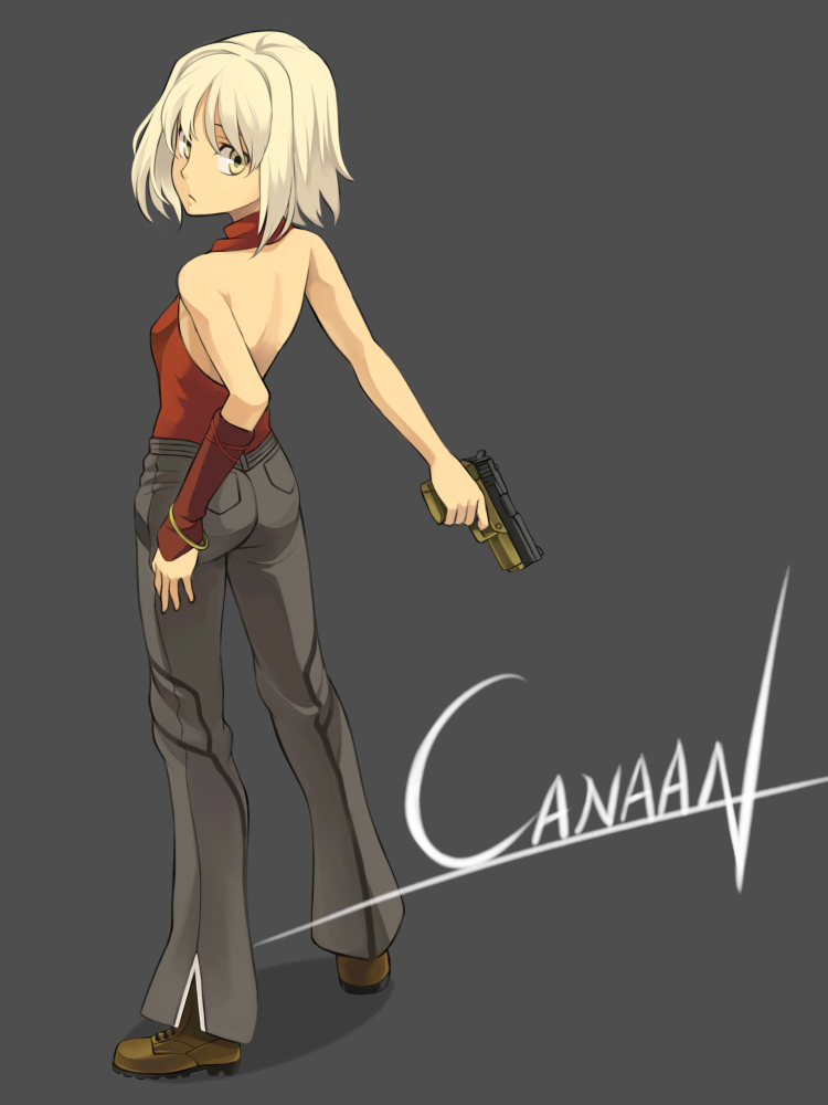 1girl 428 428:_fuusa_sareta_shibuya_de back backless_outfit bad_id bad_pixiv_id bare_back bare_shoulders blonde_hair canaan_(character) canaan_(series) chunsoft female_focus gun halterneck handgun jewelry looking_back minoa_(lastswallow) pistol short_hair solo weapon yellow_eyes