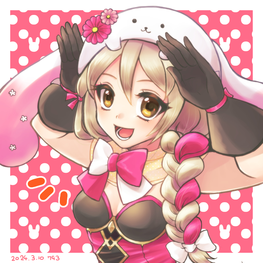 1girl 793_(oo793oo) :d animal_ears animal_hat black_gloves blonde_hair braid breasts dated fake_animal_ears fire_emblem fire_emblem_engage fire_emblem_heroes framme_(fire_emblem) framme_(spring)_(fire_emblem) gloves hair_between_eyes hat long_hair looking_at_viewer lower_teeth_only medium_breasts multicolored_hair nintendo official_alternate_costume open_mouth pink_hair rabbit_ears rabbit_hat rabbit_pose smile teeth two-tone_hair yellow_eyes