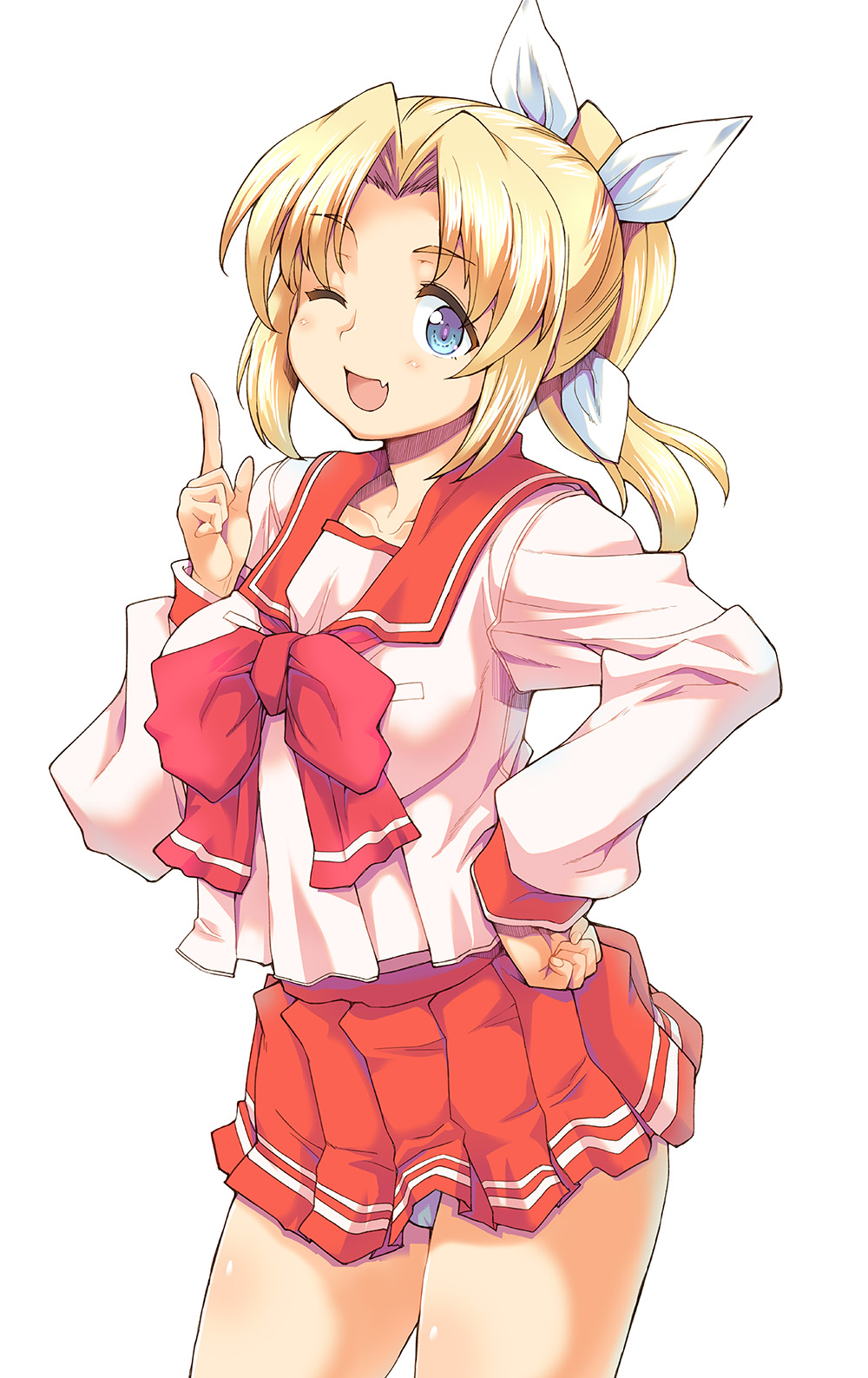 1girl blonde_hair blue_eyes blue_panties breasts collarbone commentary_request cowboy_shot fang hagiya_masakage hair_ribbon hand_on_own_hip highres index_finger_raised looking_at_viewer low_twintails medium_breasts medium_hair miniskirt miyauchi_lemmy neckerchief one_eye_closed open_mouth panties pantyshot parted_bangs pleated_skirt red_neckerchief red_sailor_collar red_serafuku red_skirt ribbon sailor_collar school_uniform serafuku simple_background skin_fang skirt solo to_heart to_heart_(series) twintails underwear white_background white_ribbon