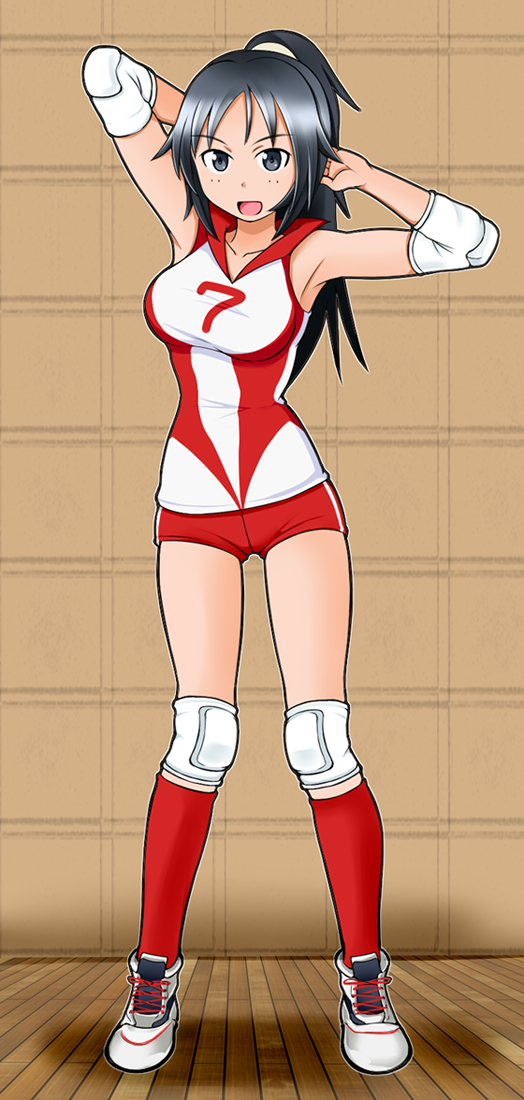 1girl alternate_hairstyle arms_behind_head black_eyes black_hair commentary elbow_pads freckles full_body girls_und_panzer hair_up knee_pads long_hair looking_at_viewer open_mouth ponytail red_shirt red_shorts red_socks shirt shoes short_shorts shorts single_vertical_stripe sleeveless sleeveless_shirt smile sneakers socks solo sportswear standing tanaka_rikimaru volleyball_uniform white_shoes yamagou_ayumi