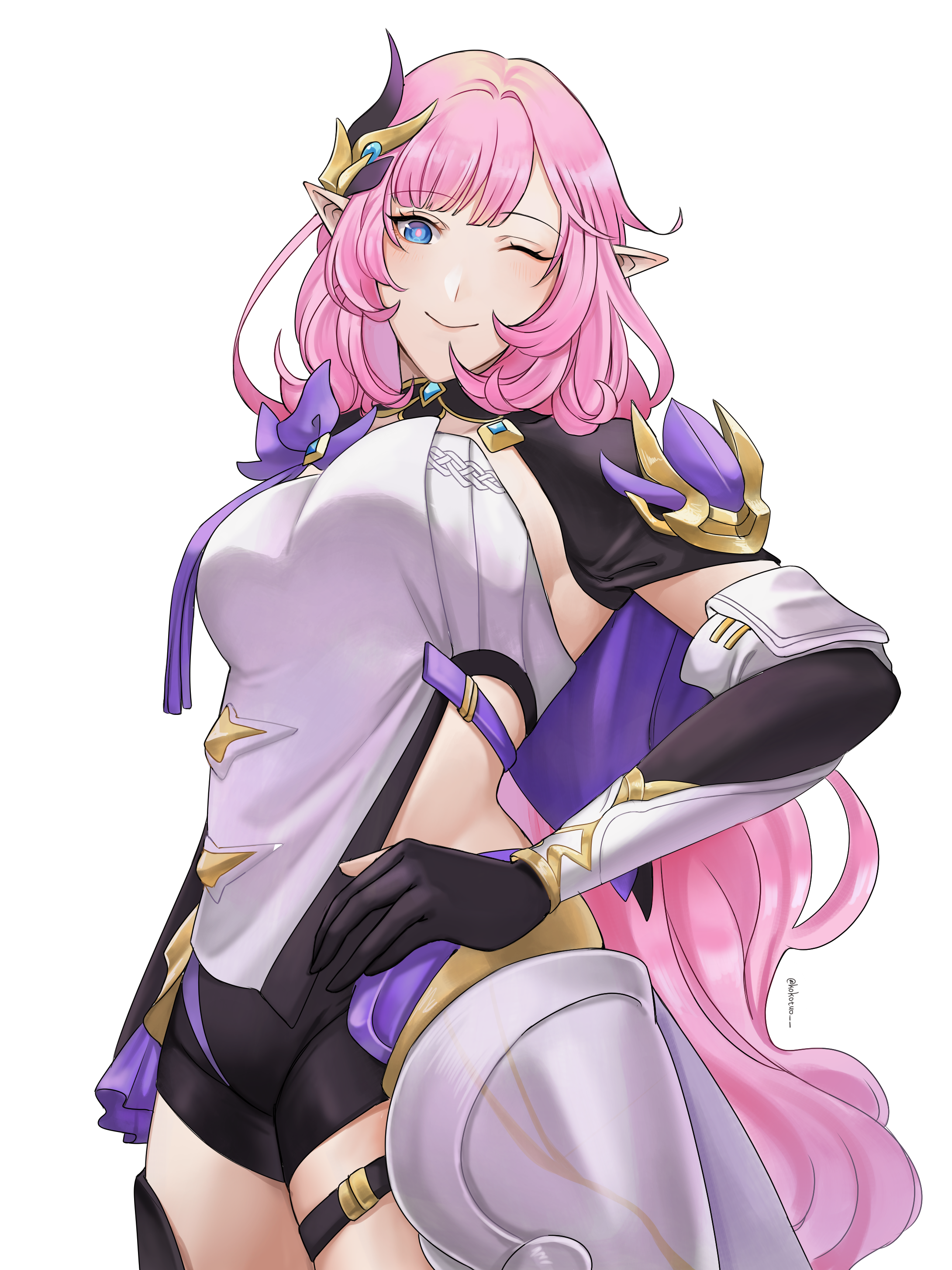 1girl ;) absurdres black_gloves black_shorts blue_eyes clothing_cutout commentary corset cowboy_shot elbow_gloves elf elysia_(honkai_impact) elysia_(miss_pink_elf)_(honkai_impact) english_commentary gloves hair_ornament hand_on_own_hip highres honkai_(series) honkai_impact_3rd kokotuo long_hair looking_at_viewer one_eye_closed pointy_ears short_shorts shorts shrug_(clothing) side_cutout simple_background smile solo thighs very_long_hair white_background white_corset