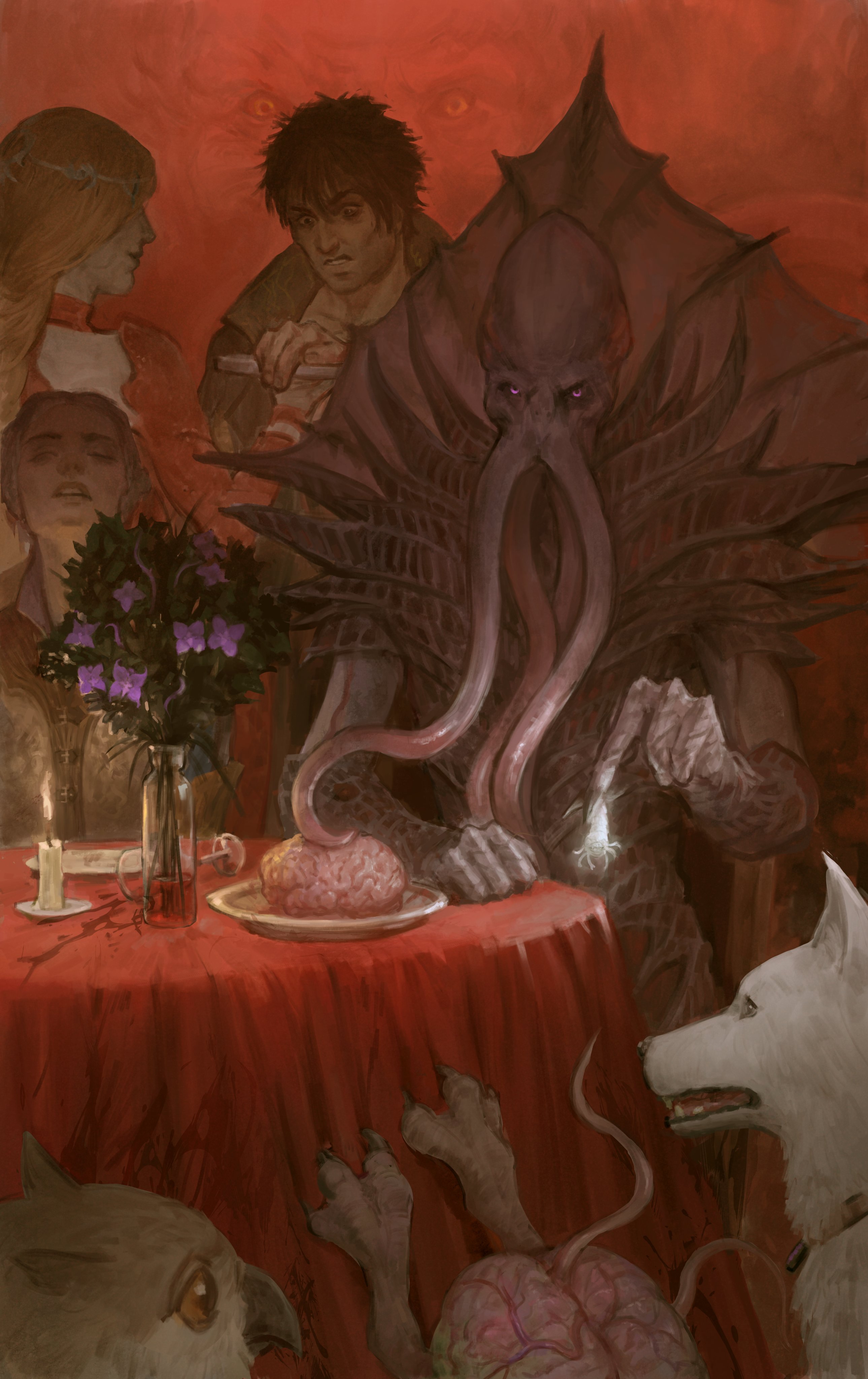 2boys 2girls absurdres alcohol animal baldur's_gate baldur's_gate_3 black_hair blonde_hair brain candle closed_eyes colored_skin commentary covered_mouth cowboy_shot creature cup dog drinking_glass dungeons_&_dragons elbow_gloves english_commentary enver_gortash flower gloves glowing glowing_eyes highres intellect_devourer long_hair looking_at_viewer mindflayer multiple_boys multiple_girls octopus_boy olefireval orin_the_red owlbear painterly pink_eyes plate purple_flower purple_gloves purple_robe purple_skin realistic robe scratch_(baldur's_gate) short_hair spill table tablecloth tentacles the_emperor_(baldur's_gate) us_(baldur's_gate) vase wine wine_glass