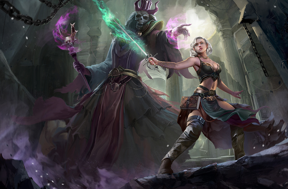 1boy 1girl black_footwear boots clayscence crop_top dungeons_&amp;_dragons fantasy green_shirt holding holding_staff holding_sword holding_weapon lich magic medium_hair monster navel pelvic_curtain pointing rapier robe shirt skull staff sword thigh_boots weapon white_hair wizard