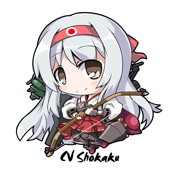 10s 1girl aircraft airplane archery blush boots bow_(weapon) brown_eyes chibi female_focus flight_deck gloves hairband japanese_clothes kantai_collection kyuudou long_hair muneate partially_fingerless_gloves partly_fingerless_gloves personification quiver shoukaku_(kancolle) single_glove skirt smile solo take_tonbo thigh_boots thighhighs weapon white_hair yugake