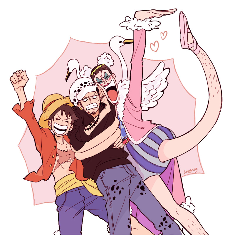3boys ^_^ anger_vein blue_shorts bon_clay closed_eyes coat commentary_request denim earrings facial_hair goatee hat hug jeans jewelry leg_lift lngees long_coat makeup male_focus monkey_d._luffy multiple_boys one_piece open_clothes open_shirt pants pink_coat red_shirt sash scar scar_on_chest shirt shorts simple_background smile straw_hat trafalgar_law yellow_sash