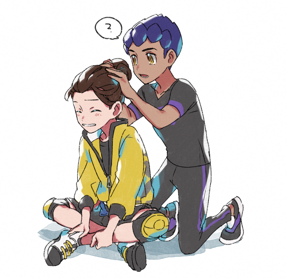 2boys ? adjusting_hair black_pants black_shirt blush brown_hair closed_eyes commentary_request dark-skinned_male dark_skin hop_(pokemon) knee_pads kneeling male_focus master_dojo_uniform multiple_boys nintendo pants pokemon pokemon_swsh purple_hair shirt shoes short_hair short_sleeves shorts smile spoken_question_mark suruga_dbh victor_(pokemon) yellow_eyes zipper_pull_tab