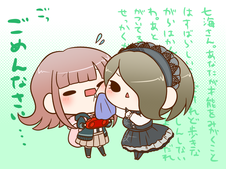 2girls backpack bag black_dress black_eyes black_footwear black_gloves black_jacket black_pantyhose black_thighhighs blonde_hair blunt_bangs breasts brown_skirt buttons chibi collared_shirt commentary_request danganronpa_(series) danganronpa_2:_goodbye_despair danganronpa_v3:_killing_harmony dress eyelashes flying_sweatdrops frilled_dress frilled_shirt_collar frilled_sleeves frills gloves gradient_background green_background grey_hairband hair_over_one_eye hairband handheld_game_console handkerchief high-waist_skirt holding holding_handheld_game_console holding_handkerchief hood hood_down hooded_jacket jacket lace lace-trimmed_dress lace-trimmed_hairband lace_trim large_breasts lecturing light_blush long_sleeves medium_dress medium_hair miniskirt multiple_girls nanami_chiaki neck_ribbon necktie o-ring open_clothes open_jacket open_mouth pale_skin pantyhose pink_background pink_hair pink_ribbon pink_shoes pleated_skirt pointing pointing_up polka_dot polka_dot_background purple_necktie ribbon shirt shoes short_hair simple_background skirt sleeveless sleeveless_dress sleeves_past_wrists solid_oval_eyes spider_web_print thighhighs tojo_kirumi translation_request triangle_mouth v-shaped_eyebrows white_background white_shirt wiping_face yumaru_(marumarumaru)