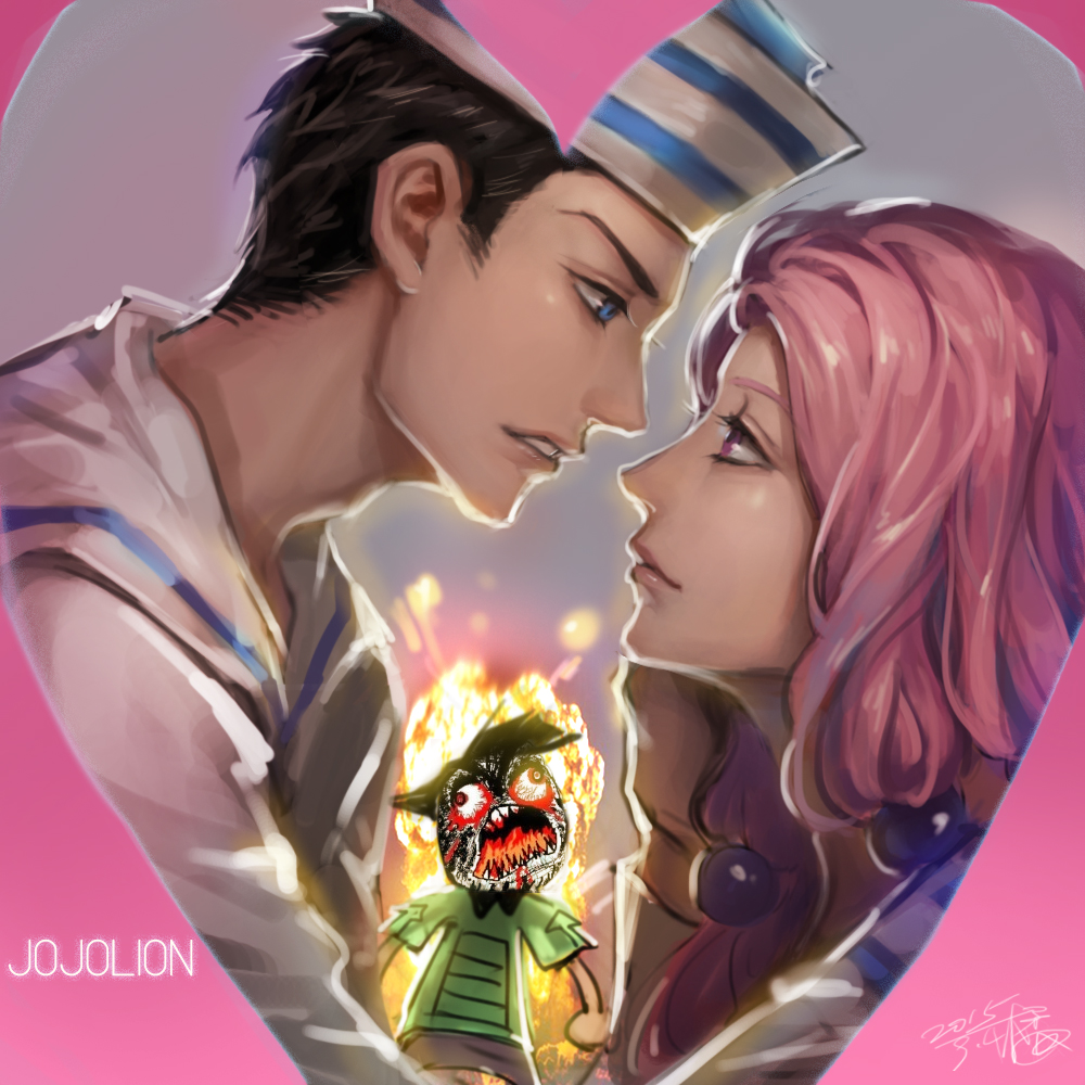 black_hair bloodshot_eyes blue_eyes copyright_name dated dixie_cup_hat fan_ju fire framed hair_bobbles hair_ornament hand_on_another&#039;s_face hat heart hetero higashikata_joshu higashikata_josuke_(jojolion) hirose_yasuho imminent_kiss jojo_no_kimyou_na_bouken jojolion meme military_hat pink_eyes pink_hair sailor sharp_teeth signature teeth