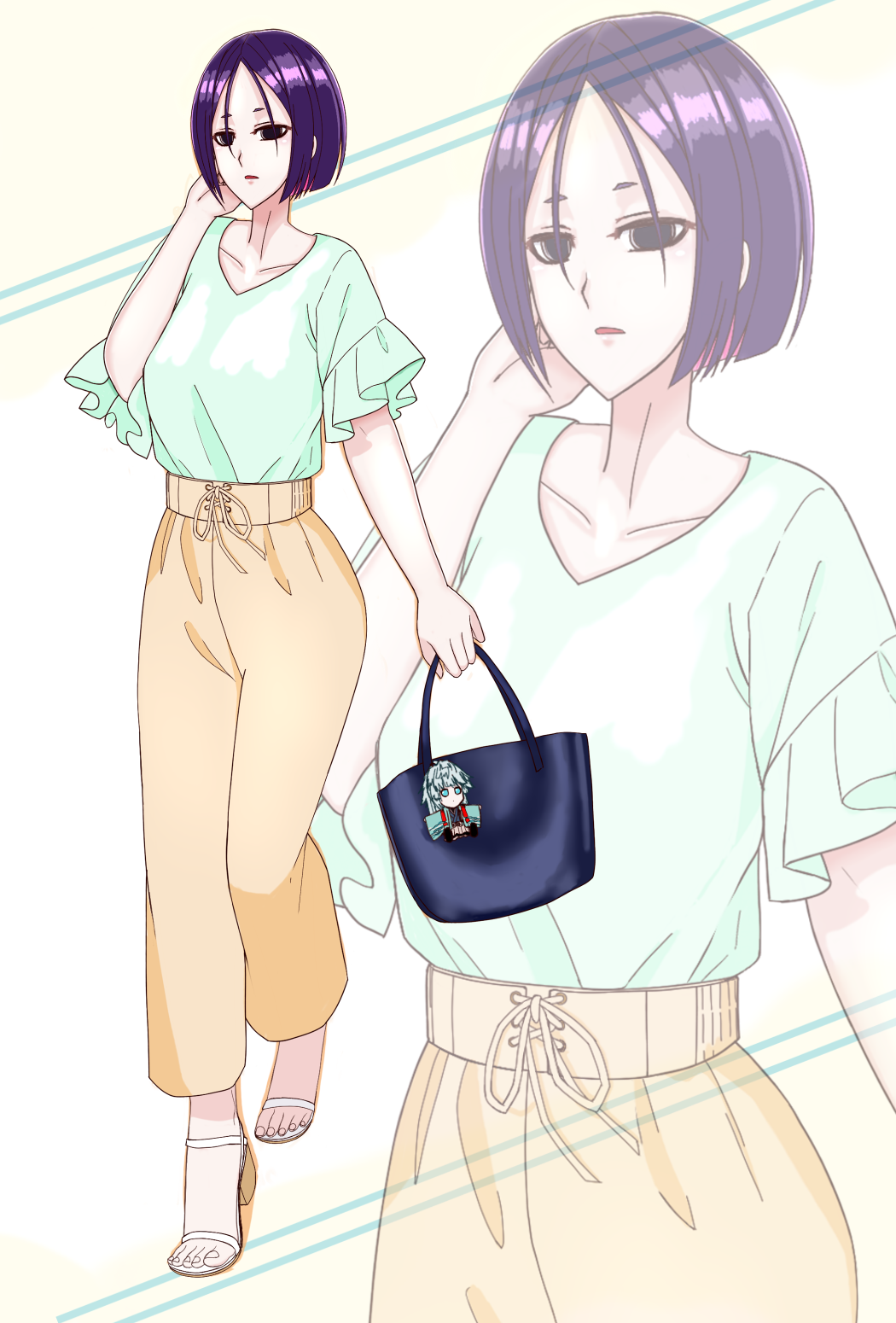 1girl bag black_bag character_charm charm_(object) fate/samurai_remnant fate_(series) green_shirt hand_on_own_cheek hand_on_own_face high_heels highres holding holding_bag jewelry multiple_girls open_mouth pants purple_hair shirt short_hair short_sleeves solo tic ushi_gozen_(fate) yui_shousetsu_(fate)