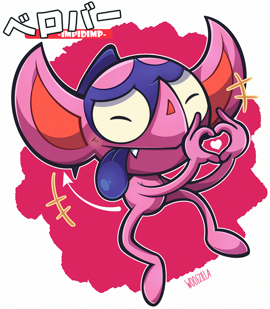 artist_name character_name closed_eyes colored_tongue commentary english_commentary fang four-finger_heart_hands full_body gen_8_pokemon heart heart_hands impidimp nintendo no_humans outline pointy_ears pokemon pokemon_(creature) pokemon_focus purple_tongue solo tongue tongue_out translation_request white_outline woofzilla