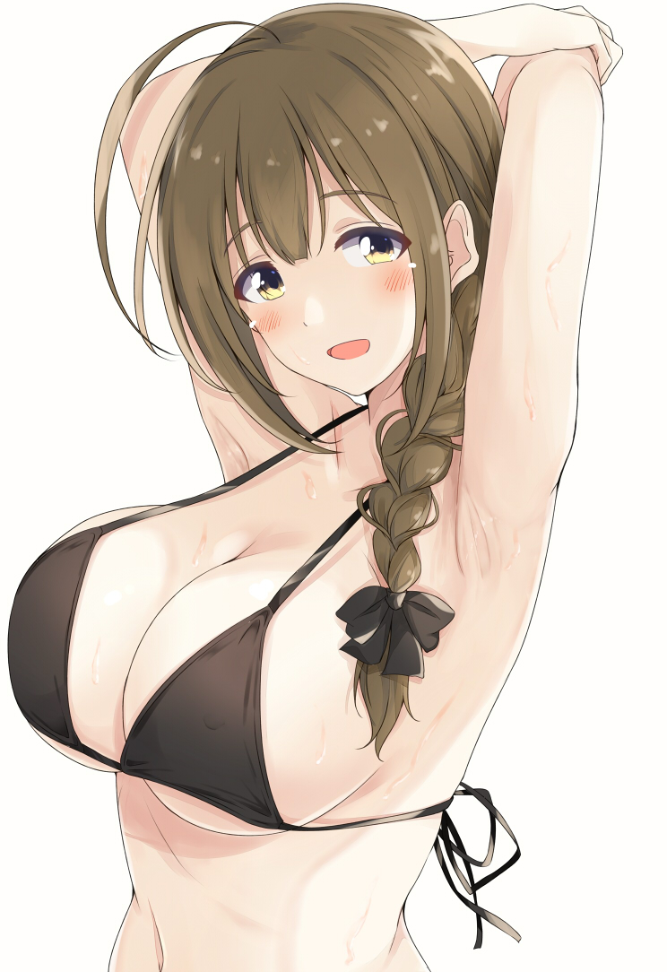 1girl ahoge armpits arms_up black_hair blush braid braided_ponytail breasts brown_hair cleavage hitotsuki_nanoka huge_ahoge idolmaster idolmaster_shiny_colors kuwayama_chiyuki large_breasts looking_at_viewer navel side_ponytail simple_background smile solo sweatdrop upper_body white_background