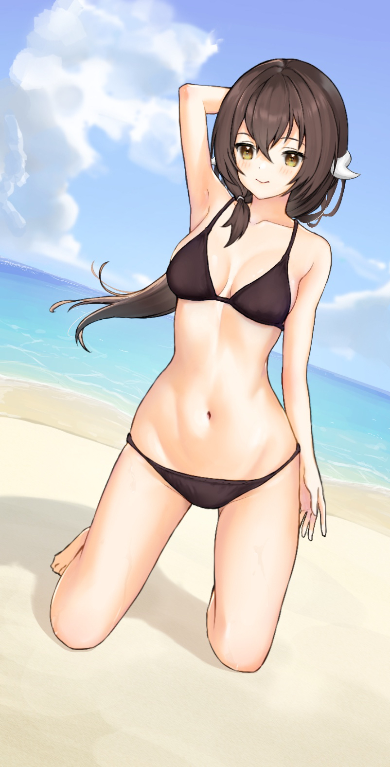 1girl azur_lane bikini black_bikini blue_sky breasts cleavage highres horizon mikasa_(azur_lane) sky standing_on_knees swimsuit