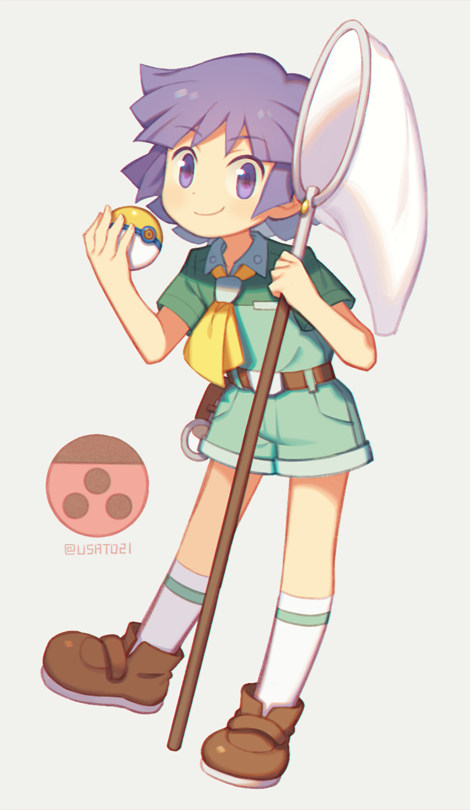 1boy belt belt_buckle belt_pouch brown_belt brown_shoes buckle bugsy_(pokemon) butterfly_net closed_mouth collared_shirt commentary_request full_body green_shirt green_shorts hand_net happy hive_badge holding holding_butterfly_net holding_poke_ball kneehighs looking_at_viewer magnifying_glass male_focus neckerchief nintendo park_ball poke_ball pokemon pokemon_hgss pouch purple_eyes purple_hair shirt shoes short_hair short_sleeves shorts smile socks solo white_background wusagi2 yellow_neckerchief
