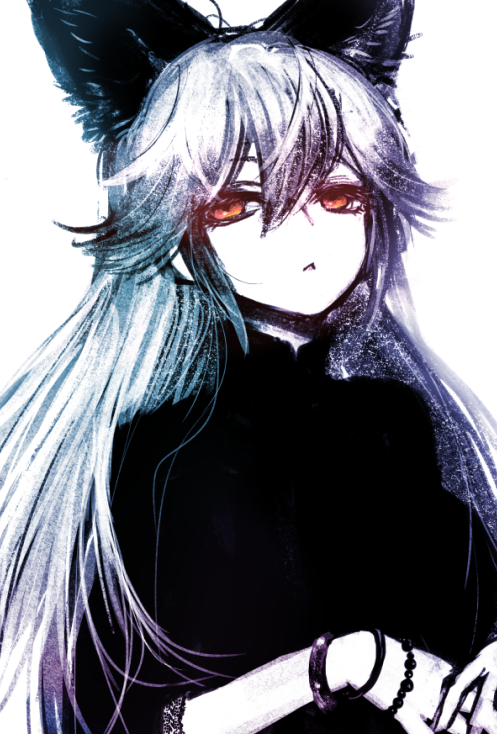 1girl animal_ear_fluff animal_ears black_dress bracelet closed_mouth dress extra_ears fox_ears fox_girl grey_hair ise_(0425) jewelry kemono_friends looking_at_viewer red_eyes silver_fox_(kemono_friends) simple_background solo straight_hair upper_body