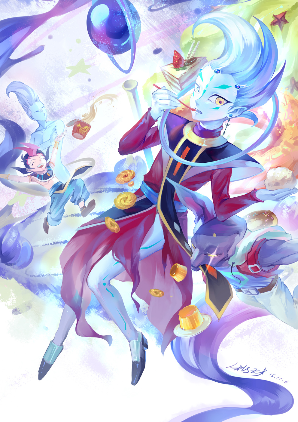 4boys ancient_egyptian_clothes animal_ears astral_(yu-gi-oh!) beerus beerus_(cosplay) biting black_hair blue_skin cake cat_ears closed_eyes colored_skin cosplay costume_switch crossover cup_ramen dated donut dragon_ball dragonball_z earrings facial_mark food highres jewelry li_jing multicolored_hair multiple_boys nude open_mouth outstretched_arms pink_hair robe signature smile sparkling_eyes staff star_(symbol) tsukumo_yuma tsukumo_yuma_(cosplay) two-tone_hair wafer_stick whis whis_(cosplay) white_hair wrist_cuffs yellow_eyes yu-gi-oh! yu-gi-oh!_zexal yuu-gi-ou yuu-gi-ou_zexal