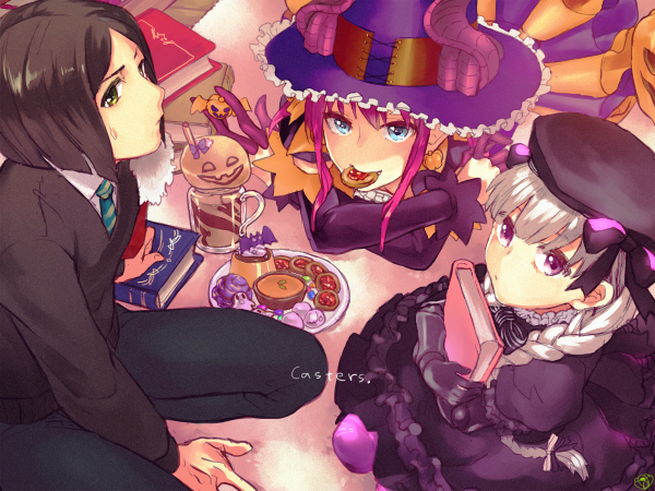 01rosso 10s 1boy 2girls bad_id bad_pixiv_id black_gloves black_hair blue_eyes book dragon_horns dress elizabeth_bathory_(fate) elizabeth_bathory_(fate/extra) elizabeth_bathory_(fate/grand_order) elizabeth_bathory_(halloween_caster)_(fate) fate/extra fate/grand_order fate/zero fate_(series) food food_in_mouth gloves hat horns looking_at_viewer lying multiple_girls necktie nursery_rhyme_(fate) on_stomach pudding purple_eyes silver_hair smile sweatdrop waver_velvet waver_velvet_(zhuge_liang) witch_hat