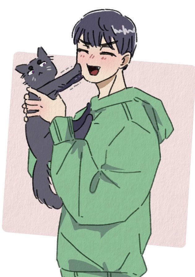 1boy alien_stage animal animalization black_cat black_hair cat closed_eyes commentary green_hoodie holding holding_animal holding_cat hood hoodie ivan_(alien_stage) long_sleeves male_focus motii open_mouth purple_eyes pushing_away short_hair sua_(alien_stage) symbol-only_commentary very_short_hair