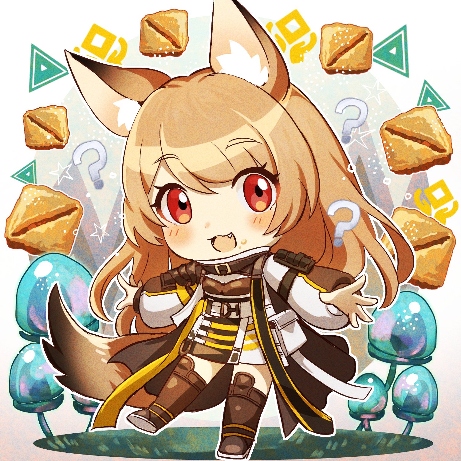 1girl :d ? animal_ear_fluff animal_ears arknights baklava blush boots brown_boots brown_hair ceobe_(arknights) commentary_request fang food food_on_face full_body hair_between_eyes highres jacket knee_boots long_hair long_sleeves looking_at_viewer nicole_(lion) open_mouth puffy_long_sleeves puffy_sleeves red_eyes shoe_soles smile solo standing standing_on_one_leg tail upper_body very_long_hair white_background white_jacket