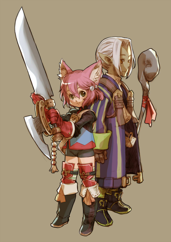 1boy 1girl 7th_dragon 7th_dragon_(series) animal_ears bad_id bad_pixiv_id bike_shorts boots branch_(blackrabbits) child elf fighter_(7th_dragon) gloves harukara_(7th_dragon) healer_(7th_dragon) huge_weapon jericho_(7th_dragon) knight_(7th_dragon) pointy_ears smile staff sword thighhighs weapon