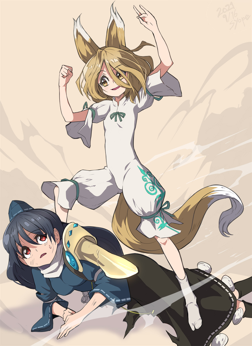 2girls animal_ears blonde_hair blue_dress blue_hair brown_eyes dress fox_ears fox_girl fox_shadow_puppet frilled_dress frills gem green_ribbon hat highres iizunamaru_megumu kudamaki_tsukasa long_hair multiple_girls pointy_ears red_eyes ribbon ribbon_trim short_hair shoulder_guard syope tengu tokin_hat touhou white_dress