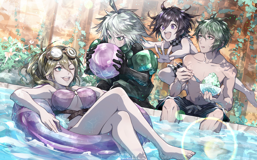 1girl 2boys ahoge alternate_costume amami_rantaro android antenna_hair aqua_eyes ball bare_arms bare_legs bare_shoulders barefoot belt bikini black_male_swimwear black_scarf blonde_hair blowing blue_eyes blue_male_swimwear blush bowl breasts brown-framed_eyewear brown_belt checkered_clothes checkered_male_swimwear checkered_scarf collarbone crossed_belts crossed_legs danganronpa_(series) danganronpa_v3:_killing_harmony day dutch_angle eating eyelashes feet_out_of_frame fingernails food full_body goggles goggles_on_head green_hair hair_between_eyes high_belt holding holding_ball holding_bowl holding_spoon iruma_miu k1-b0 knees large_breasts leaf lens_flare long_hair lying male_swimwear multiple_boys navel oma_kokichi on_back one_eye_closed open_mouth outdoors pectorals pink_bikini pink_innertube plant ponytail pool purple_eyes purple_hair round_eyewear scarf shaved_ice short_hair smile spoon striped_male_swimwear studded_belt swim_trunks swimsuit teeth toenails toes toned toned_male topless_male two-tone_male_swimwear two-tone_scarf u_u_ki_u_u upper_teeth_only vines white_hair white_male_swimwear white_scarf