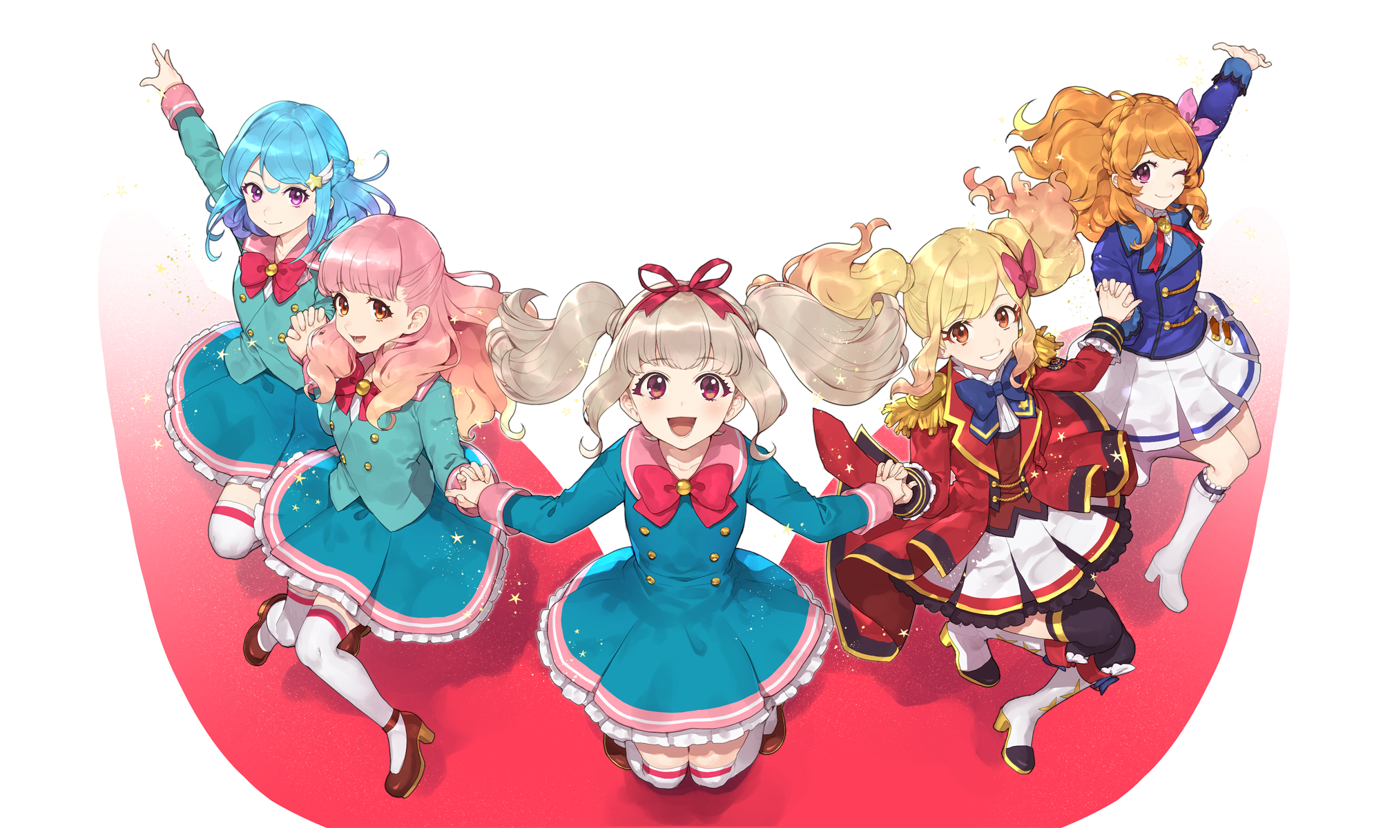 5girls :d ;) aikatsu!_(series) black_thighhighs blonde_hair blue_bow blue_bowtie blue_dress blue_hair blue_jacket blush boots bow bowtie brown_shoes closed_mouth collared_dress commentary_request dress frilled_dress frilled_skirt frills full_body gradient_hair grey_hair grin hair_ribbon high_heel_boots high_heels highres hitoto holding_hands jacket kiseki_raki knee_boots long_hair long_sleeves minato_mio multicolored_hair multiple_girls nijino_yume one_eye_closed open_clothes open_jacket open_mouth orange_eyes orange_hair ozora_akari parted_lips pink_eyes pink_hair red_bow red_bowtie red_eyes red_jacket red_ribbon ribbon shoes skirt smile textless_version thighhighs thighhighs_under_boots twintails white_background white_boots white_skirt white_thighhighs yuki_aine