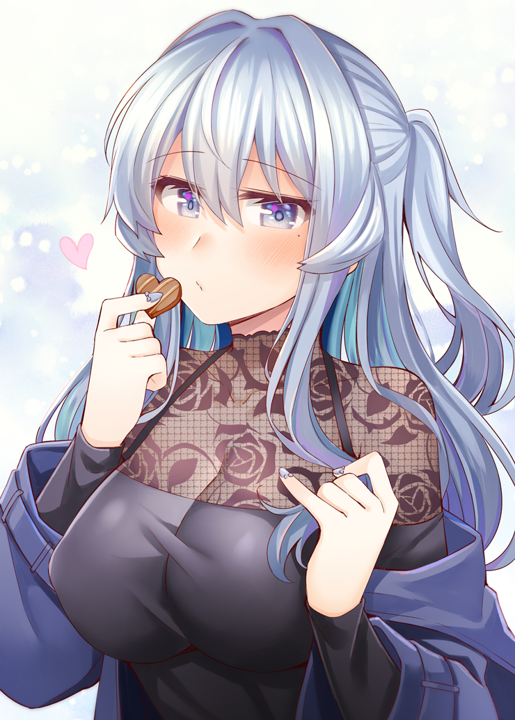 1girl black_shirt blue_coat blue_eyes blue_hair blue_nails blush breasts candy chocolate chocolate_heart coat fingernails food gotland_(kancolle) hair_between_eyes heart holding holding_chocolate holding_food kantai_collection large_breasts long_hair long_sleeves looking_at_viewer mole mole_under_eye nail_polish open_clothes open_coat rui_shi_(rayze_ray) shirt solo