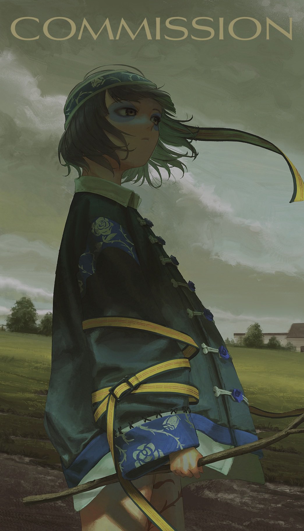 1girl branch commission expressionless facepaint field hat highres holding holding_branch indie_virtual_youtuber jacket kanikumi_toi looking_to_the_side outdoors overcast short_hair sky solo yosumi_(vtuber)
