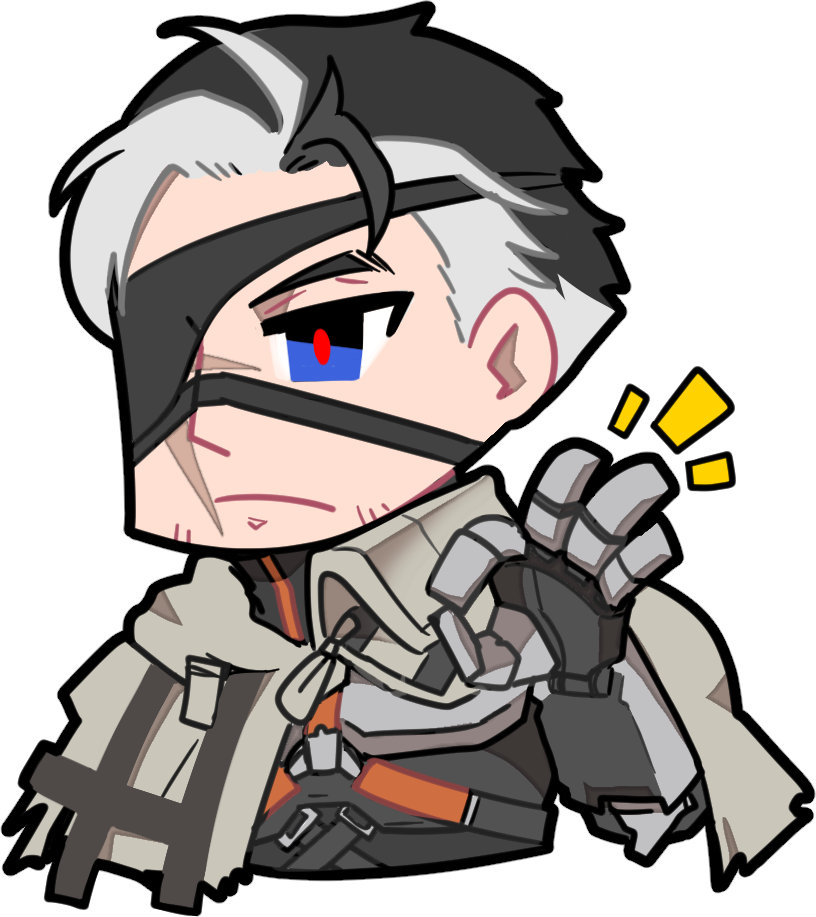 1boy artist_request black_hair blue_eyes chibi chibi_only chinese_commentary eyepatch facial_hair girls&#039;_frontline girls&#039;_frontline_neural_cloud looking_at_viewer mature_male mechanical_arms official_art ok_sign python_(neural_cloud) red-eye_effect scar scar_on_face scar_on_nose second-party_source single_mechanical_arm solo stubble white_hair